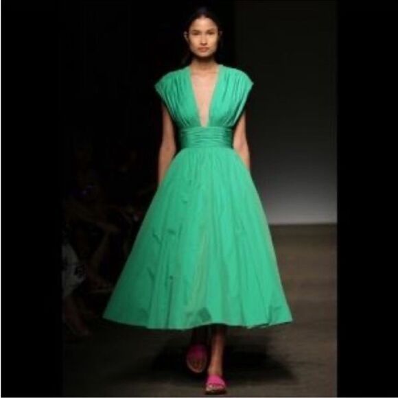 Anthropologie Tracy Reese Midi Dress Parted Emerald Dress with Pockets 8 - Picture 1 of 15